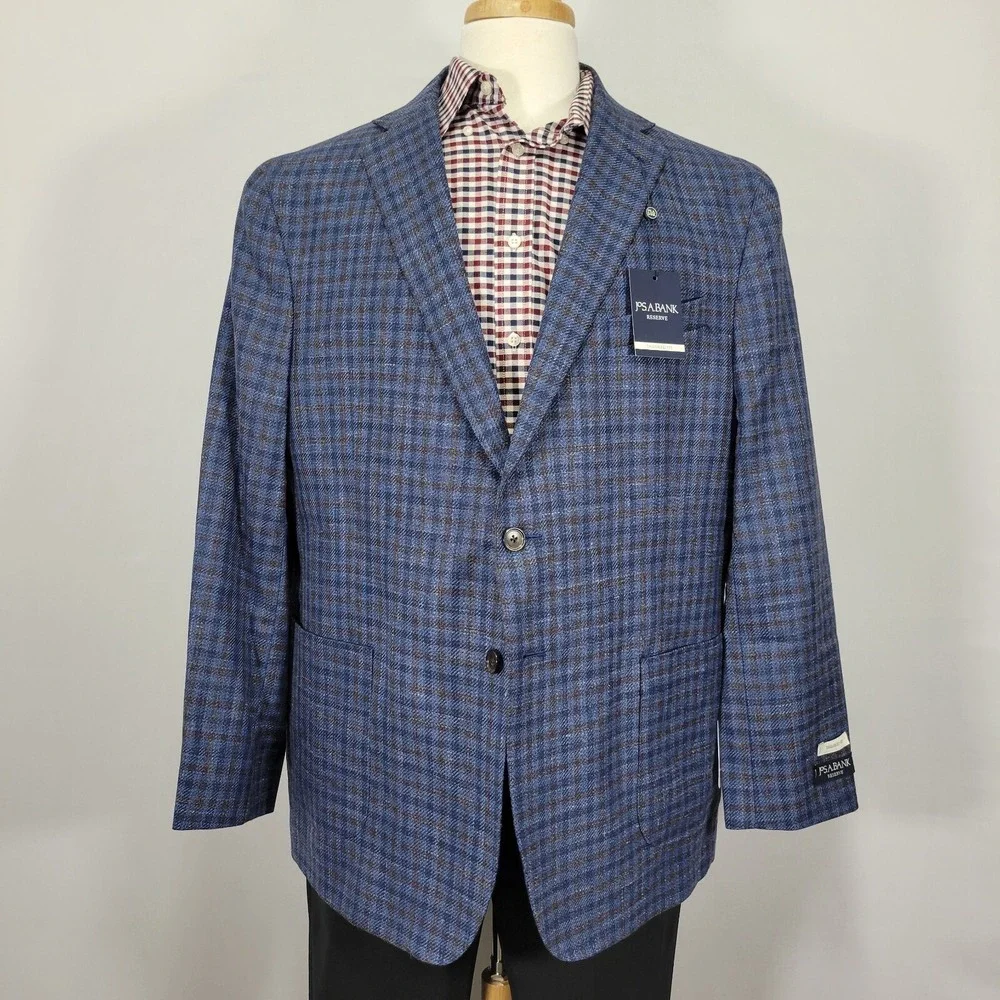 JOS A BANK Mens‎ Sport Coat Cotton Wool Silk Linen Navy Brown Checked 48R NEW